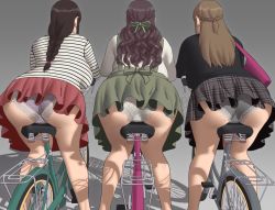 Rule 34 | 3girls, ass, bicycle, braid, breasts, brown hair, commentary request, dress, fat, from behind, grey background, grey panties, lace, lace panties, large breasts, long hair, mole, mole on ass, multiple girls, original, panties, plaid, plaid skirt, purple panties, ryokucha michi, shadow, sideboob, skirt, thighs, underwear, white panties