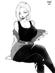 Rule 34 | 1girl, android 18, belt, breasts, cleavage, collarbone, commission, crossed legs, curvy, dragon ball, dragonball z, feet out of frame, forehead, highres, invisible chair, large breasts, looking at viewer, monochrome, norman maggot, off shoulder, open mouth, pantyhose, parted hair, short hair, sitting, skirt, solo, striped sleeves, torn clothes, torn pantyhose