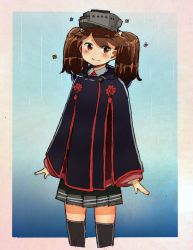 Rule 34 | 1girl, black thighhighs, blush, brown eyes, brown hair, commentary request, cowboy shot, flower, highres, kantai collection, long hair, looking at viewer, namakura neo, pleated skirt, rain, raincoat, ryuujou (kancolle), skirt, smile, solo, thighhighs, visor cap
