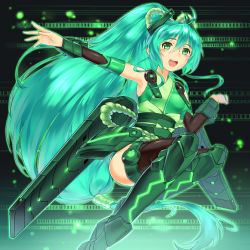 Rule 34 | 1girl, armor, bare shoulders, blush, bow, breasts, fusion, gauntlets, greaves, green eyes, green hair, headgear, japanese clothes, light particles, long hair, matching hair/eyes, solo, suika01, very long hair, vividgreen, vividred operation