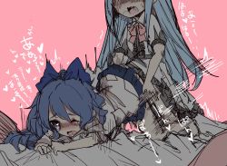 Rule 34 | 1futa, 1girl, blue bow, blue hair, blush, bow, commentary request, doggystyle, futa with female, futanari, hair bow, heart, heart-shaped pupils, highres, hinanawi tenshi, long hair, makihako bunko, motion blur, multiple girls, one eye closed, pink background, saliva, sex, sex from behind, shirt, short sleeves, sketch, symbol-shaped pupils, tearing up, touhou, translation request, very long hair, white shirt, yorigami shion
