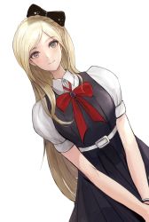 Rule 34 | 1girl, blonde hair, blue eyes, bow, braid, chan1moon, commentary request, danganronpa (series), danganronpa 2: goodbye despair, dress, french braid, hair bow, long hair, looking at viewer, red ribbon, ribbon, short sleeves, simple background, smile, solo, sonia nevermind, very long hair, white background