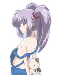 Rule 34 | 00s, 1girl, bare shoulders, blue eyes, breasts, butt crack, cat, grey hair, hide (rightstuff annex), naked overalls, no bra, no panties, overalls, pointy ears, primula, shuffle!, sideboob, small breasts, solo, stuffed animal, stuffed cat, stuffed toy, twintails