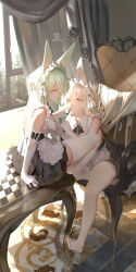 Rule 34 | 2girls, absurdres, apron, armchair, blonde hair, board game, chair, chess, chess piece, chessboard, elbow gloves, feet, frilled apron, frills, full body, gloves, green hair, highres, holding chess piece, king (chess), legs, maid, maid apron, maid headdress, multiple girls, no shoes, original, purple eyes, red eyes, ribao, short hair, skirt, table, thighhighs, toes, white apron, white gloves, yuri