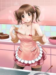 Rule 34 | 10s, 1girl, :o, apron, black thighhighs, breasts, brown eyes, cake, cleavage, food, idolmaster, idolmaster cinderella girls, large breasts, long hair, looking at viewer, no bra, poponpin, pudding, short hair, sleeves pushed up, solo, steam, sweat, thighhighs, totoki airi, twintails, undressing, zettai ryouiki
