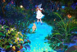 Rule 34 | 1girl, blue footwear, boots, braid, brown cat, brown eyes, cat, dress, forest, grass, hat, highres, holding, leaf, lily pad, long hair, long sleeves, looking at viewer, looking back, mengxuanliart, nature, night, orange hair, original, outdoors, plant, profile, ripples, river, rock, solo, standing, standing on liquid, star (symbol), tree, twin braids, walking, walking on liquid, water, white dress, white hat, wide sleeves, witch, witch hat