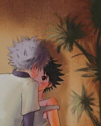 Rule 34 | 2boys, against wall, black hair, blush, child, collarbone, gon freecss, highres, hunter x hunter, killua zoldyck, layered sleeves, long sleeves, looking at another, male focus, multiple boys, off shoulder, shirt, short hair, short over long sleeves, short sleeves, white hair, white shirt, yaoi, yunjik0617
