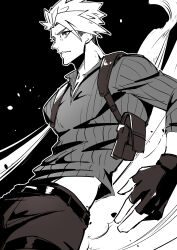 Rule 34 | 1boy, absurdres, achilles (fate), bag, belt, dutch angle, fate (series), fingerless gloves, from side, gloves, haruakira, highres, looking ahead, male focus, mature male, monochrome, parted lips, satchel, shirt, short hair, sleeves past elbows, solo, striped clothes, striped shirt, thigh belt, thigh strap, undercut, vertical-striped clothes, vertical-striped shirt