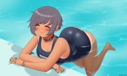 Rule 34 | 1girl, ^ ^, arched back, artist name, ass, barefoot, black nails, blush, breasts, character request, closed eyes, collarbone, commentary, copyright request, ear piercing, full body, grey hair, kuroonehalf, medium breasts, nail polish, name tag, one-piece swimsuit, one-piece tan, partially submerged, piercing, pool, school swimsuit, short hair, smile, solo, swimsuit, tan, tanline, water, wristband