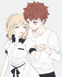 Rule 34 | 1boy, 1girl, ahoge, artoria pendragon (all), artoria pendragon (fate), blonde hair, blush, closed eyes, dress, emiya shirou, fate/stay night, fate (series), hair bun, highres, holding hands, looking at another, open mouth, red hair, ribbon, saber (fate), shirt, simple background, single hair bun, smile, spiked hair, suzuakks, upper body, white background, white dress, white shirt, yellow eyes