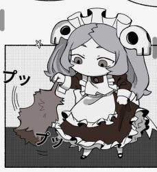 Rule 34 | 1girl, apron, bloody marie (skullgirls), brooch, chibi, dress, duster, feather duster, frilled apron, frilled dress, frills, full body, grey hair, greyscale, hair ornament, japanese text, jewelry, maid headdress, monochrome, skull hair ornament, skullgirls, solo, twintails, whiskome