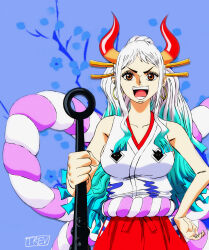 Rule 34 | 1girl, absurdres, blue hair, breasts, club (weapon), earrings, female focus, hand on own hip, highres, horns, iamthetrev, japanese clothes, jewelry, large breasts, long hair, looking at viewer, multicolored hair, one piece, orange eyes, rope belt, solo, two-tone hair, white hair, yamato (one piece)