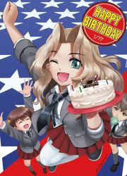 Rule 34 | 10s, 3girls, abazu-red, alisa (girls und panzer), american flag, arms up, birthday cake, black footwear, black necktie, blazer, blonde hair, blouse, blue eyes, blue footwear, blowing bubbles, cake, chewing gum, closed eyes, dated, dress shirt, emblem, english text, flag background, food, foreshortening, freckles, from above, girls und panzer, grey jacket, grey legwear, hair intakes, hair ornament, happy birthday, highres, holding, jacket, kay (girls und panzer), loafers, long hair, long sleeves, looking at viewer, looking up, miniskirt, multiple girls, naomi (girls und panzer), necktie, one eye closed, open clothes, open jacket, open mouth, pleated skirt, red skirt, school uniform, shirt, shoes, short hair, short twintails, skirt, sleeves rolled up, smile, sneakers, standing, star (symbol), star hair ornament, thighhighs, twintails, twitter username, very short hair, white legwear, white shirt