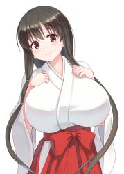 Rule 34 | 1girl, black hair, breasts, brown eyes, highres, huge breasts, iwato kasumi, japanese clothes, kimono, long hair, looking at viewer, miko, pilayamato, smile, solo, standing