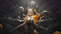 1girl 2others animal_ears blonde_hair bodysuit expressionless ganet_p grey_bodysuit gun highres jacket kriss_vector long_hair looking_at_viewer mask multiple_others nail_polish original pointing pointing_up single_bare_shoulder skull_mask solo_focus submachine_gun suppressor tail very_long_hair weapon yellow_eyes yellow_jacket