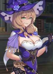 Rule 34 | 1girl, black gloves, blush, breasts, brown hair, cleavage, dress, flower, gbvpg, genshin impact, gloves, green eyes, hair ornament, hat, highres, large breasts, lisa (genshin impact), long hair, looking at viewer, purple hat, rose, smile, solo, vision (genshin impact), witch hat