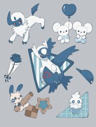 Rule 34 | :d, absol, balloon, baseball cap, black eyes, blue flower, blue hat, blue ribbon, blue rose, bright pupils, checkerboard cookie, claws, closed mouth, commentary request, cookie, creatures (company), flower, food, game freak, gen 3 pokemon, gen 5 pokemon, grey background, hat, heart balloon, highres, holding, holding balloon, holding food, latios, legendary pokemon, looking at viewer, minun, nintendo, no humans, open mouth, pokemon, pokemon (creature), red eyes, ribbon, rose, simple background, smile, solid circle eyes, star-shaped cookie, star-shaped food, star (symbol), sumi fms, tandemaus, unworn hat, unworn headwear, vanillite, wafer stick, white pupils
