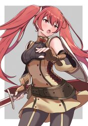 Rule 34 | 1girl, :o, absurdres, armor, blush, brown gloves, brown pants, commentary request, cowboy shot, detached sleeves, fingerless gloves, fire emblem, fire emblem awakening, gloves, hair between eyes, highres, holding, holding sword, holding weapon, long hair, looking at viewer, nintendo, open mouth, pants, pauldrons, red eyes, red hair, severa (fire emblem), shoulder armor, single pauldron, solo, sword, twintails, very long hair, weapon, yuka7eile