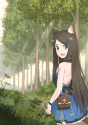 Rule 34 | 1girl, :d, absurdres, aina (mao lian), animal ear fluff, animal ears, backless dress, backless outfit, bare back, belt, black choker, blue dress, blue eyes, blurry, blurry background, breasts, brown belt, brown hair, cat ears, cat tail, choker, cowboy shot, day, depth of field, dress, forest, from behind, highres, long hair, looking at viewer, looking back, mao lian (nekokao), medium breasts, nature, open mouth, original, outdoors, pouch, smile, solo, standing, tail, tree
