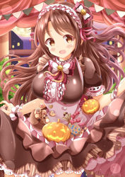 Rule 34 | 1girl, :d, blush stickers, bow, breasts, brown dress, brown eyes, brown hair, commentary request, curtains, dress, full moon, hair bow, halloween, highres, idolmaster, idolmaster cinderella girls, indoors, large breasts, long hair, looking at viewer, moon, night, one side up, open mouth, pennant, pink bow, shimamura uzuki, skirt hold, smile, solo, string of flags, striped, striped bow, very long hair, white bow, window, wrist cuffs, xenon (for achieve)
