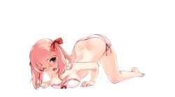 Rule 34 | 1girl, all fours, ass, bare shoulders, barefoot, bra, breast press, breasts, cleavage, fighting girl sakura-r, large breasts, long hair, official art, open mouth, panties, pink bra, pink hair, pink panties, purple eyes, ribbon, side-tie panties, solo, strapless, strapless bra, top-down bottom-up, transparent background, twintails, umai neko, underwear, underwear only, wince