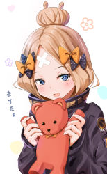 Rule 34 | 1girl, abigail williams (fate), abigail williams (traveling outfit) (fate), absurdres, bandaid, bandaid on face, bandaid on forehead, belt, black bow, black jacket, blonde hair, blue eyes, blush, bow, crossed bandaids, fate/grand order, fate (series), forehead, hair bow, hair bun, heroic spirit traveling outfit, high collar, highres, holding, holding stuffed toy, jacket, long hair, long sleeves, looking at viewer, multiple hair bows, official alternate costume, open mouth, orange bow, parted bangs, polka dot, polka dot bow, sakazakinchan, single hair bun, smile, solo, stuffed animal, stuffed toy, teddy bear, white background