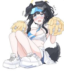 Rule 34 | 1girl, animal ears, bare shoulders, black hair, blue archive, blue eyes, blush, breasts, cheerleader, commentary request, crop top, dog ears, dog girl, dog tail, eyewear on head, flying sweatdrops, folded, goggles, goggles on head, halo, hibiki (blue archive), hibiki (cheer squad) (blue archive), holding, long hair, looking at viewer, medium breasts, millennium cheerleader outfit (blue archive), miniskirt, official alternate costume, open mouth, shoes, simple background, sitting, skirt, sleeveless, solo, tail, tamayume, tearing up, white background, white footwear
