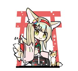 1girl animal_ears arknights black_skirt blonde_hair closed_mouth commentary fox fox_ears fox_girl fox_tail green_eyes hairband hakama hakama_skirt izumonokuni japanese_clothes kimono kitsune kyuubi long_hair long_sleeves looking_at_viewer multiple_tails pink_kimono red_hairband seiza sitting skirt smile solo suzuran_(arknights) suzuran_(yukibare)_(arknights) symbol-only_commentary tail torii wide_sleeves