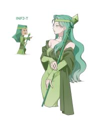 Rule 34 | 2girls, a h bae, animification, artist name, cropped legs, dress, green dress, green eyes, green hair, green lips, green nails, headband, highres, holding, holding staff, long hair, long sleeves, multiple girls, myers-briggs type indicator, original, procreate (medium), reference inset, shawl, simple background, sleeves past wrists, staff, white background