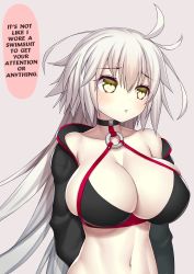 Rule 34 | 1girl, ahoge, arm at side, arm behind back, asamura hiori, bare shoulders, bikini, bikini top only, black bikini, black choker, black jacket, blush, breasts, choker, cleavage, collarbone, commentary request, fate/grand order, fate (series), grey background, grey hair, hair between eyes, halterneck, hard-translated, head tilt, highres, jacket, jeanne d&#039;arc alter (swimsuit berserker) (fate), jeanne d&#039;arc (fate), jeanne d&#039;arc alter (fate), large breasts, long hair, looking away, navel, o-ring, o-ring top, open clothes, open jacket, pale skin, parted lips, sidelocks, simple background, skindentation, solo, standing, stomach, swimsuit, third-party edit, translated, upper body, yellow eyes