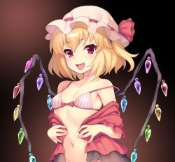 Rule 34 | 1girl, blonde hair, blush, bra, crystal, fang, flandre scarlet, gradient background, hat, hat ribbon, looking at viewer, mob cap, navel, off shoulder, open clothes, open mouth, open shirt, pokachu, red eyes, ribbon, shirt, short hair, side ponytail, smile, solo, strap slip, striped bra, striped clothes, touhou, underwear, upper body, wings