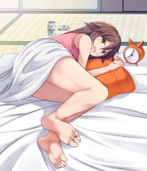 Rule 34 | 1girl, absurdres, alarm clock, barefoot, beer can, brown hair, can, clock, drink can, feet, green eyes, highres, long hair, looking at viewer, lying, on side, open mouth, pillow, soles, toes