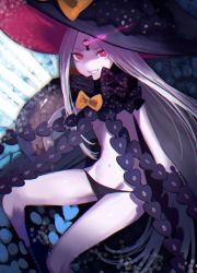 Rule 34 | 1girl, abigail williams (fate), abigail williams (third ascension) (fate), black bow, black panties, bow, fate/grand order, fate (series), grey hair, hat, highres, keyhole, long hair, looking at viewer, navel, orange bow, pale skin, panties, pink eyes, polka dot, polka dot bow, shiba inu (happy13227), smile, solo, third eye, underwear, very long hair, witch hat