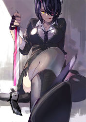Rule 34 | 10s, 1girl, :q, bad id, bad pixiv id, black thighhighs, boots, breasts, eyepatch, fingerless gloves, foreshortening, gari (apollonica), gloves, hair over one eye, holding, holding sword, holding weapon, kantai collection, looking at viewer, necktie, pleated skirt, purple hair, short hair, skirt, solo, sweater, sword, tenryuu (kancolle), thighhighs, tongue, tongue out, weapon, yellow eyes