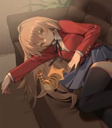 Rule 34 | 1girl, aisaka taiga, animal, black ribbon, black thighhighs, blazer, blue skirt, blush, brown eyes, brown hair, closed mouth, collared shirt, commentary request, couch, feet out of frame, fringe trim, indoors, jacket, kildir, long hair, long sleeves, looking at viewer, lying, neck ribbon, on couch, on side, pleated skirt, red jacket, ribbon, shirt, skirt, solo, thighhighs, tiger, toradora!, very long hair, white shirt
