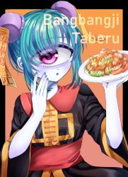 Rule 34 | 1girl, :o, azen (mntimcczgrtn), blue eyes, blush, bun cover, chicken (food), chinese clothes, chinese food, colored skin, cyclops, double bun, eyeshadow, food, hair bun, hand on own cheek, hand on own face, highres, holding, holding food, looking at viewer, makeup, monster girl, multicolored hair, nail polish, ofuda, one-eyed, original, pink eyes, purple skin, sauce, solo, streaked hair, wide sleeves