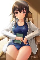 Rule 34 | 1girl, artist name, bad id, bad twitter id, blue one-piece swimsuit, book, breasts, brown eyes, brown hair, chair, commentary request, haruhata mutsuki, holding, holding book, jacket, long sleeves, looking at viewer, medium breasts, military, military uniform, no pants, one-piece swimsuit, open clothes, open jacket, parted lips, school swimsuit, short hair, short hair with long locks, signature, sitting, smile, solo, strike witches, strike witches: kurenai no majo-tachi, swimsuit, takei junko, twitter username, uniform, white jacket, wooden chair, world witches series