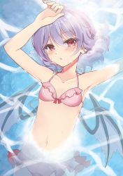 Rule 34 | 1girl, arm up, armpits, bat wings, beni kurage, bikini, blush, collarbone, commentary, flat chest, hair between eyes, halterneck, highres, light purple hair, looking at viewer, lying, navel, no headwear, on back, partially submerged, pink bikini, red eyes, remilia scarlet, short hair, solo, stomach, swimsuit, symbol-only commentary, touhou, water, wings