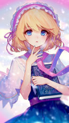 Rule 34 | 1girl, ainy, alice margatroid, blonde hair, blue dress, blue eyes, blue nails, blurry, book, capelet, commentary, depth of field, dress, grimoire of alice, hair ribbon, hairband, hand on own chin, hand up, highres, holding, holding book, light particles, lolita hairband, looking at viewer, nail polish, open mouth, parted lips, pink hairband, pink ribbon, red neckwear, revision, ribbon, sash, shirt, short hair, snowflake pin, snowflake print, snowing, solo, touhou, upper body, white capelet, white shirt
