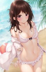 Rule 34 | 1girl, arms behind back, bare shoulders, beach, bikini, blush, bow, bow bra, bra, breasts, brown hair, cleavage, collarbone, commentary request, cowboy shot, frilled bikini, frills, from above, halterneck, halterneck, highres, linea alba, long hair, looking at viewer, medium breasts, minato ojitan, navel, ocean, open clothes, open shirt, original, palm leaf, purple eyes, sidelocks, solo, swimsuit, underwear, water, water drop, wind, wind lift