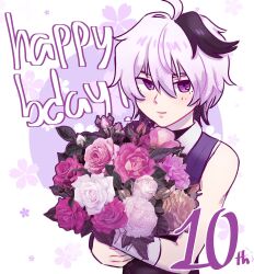 Rule 34 | 1girl, ahoge, alternate costume, androgynous, bandaged arm, bandages, black hair, bouquet, corset, flower, flower (vocaloid), formal, happy birthday, highres, holding, holding bouquet, light blush, light smile, multicolored hair, purple eyes, purple suit, short hair, simple background, sleeveless, sleeveless turtleneck, streaked hair, suit, tomboy, turtleneck, two-tone hair, vflovver, vocaloid, white hair