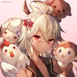 Rule 34 | 1girl, animal, bird, blush, chicken, chinese zodiac, commentary request, dark-skinned female, dark skin, dog, feathered wings, flying sweatdrops, fur, granblue fantasy, hair ornament, horns, monkey, narusegawa riko, open mouth, red eyes, sheep, sheep horns, twitter username, white hair, wings, zooey (granblue fantasy)