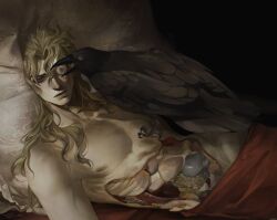Rule 34 | 1boy, anatomy, animal, animal on chest, bed sheet, bird, black background, black bird, blonde hair, corpse, crow, death, dio brando, empty eyes, exposed bone, expressionless, eyeball, feathered wings, hair between eyes, highres, jojo no kimyou na bouken, liver, long hair, lying, male focus, muscular, muscular male, nipples, on back, on bed, organs, pillow, qvlv kuzi feichuan, red eyes, ribs, simple background, solo, topless male, wings