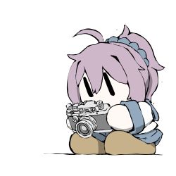 Rule 34 | 1girl, ahoge, aoba (kancolle), blue scrunchie, blue shorts, brown footwear, camera, chibi, commentary request, holding, kantai collection, medium hair, messy hair, no mouth, ponytail, purple hair, school uniform, scrunchie, serafuku, shirt, shoes, shorts, simple background, solo, task (s task80), uniform, white background, white shirt, | |