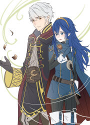 Rule 34 | 1boy, 1girl, ameno (a meno0), armor, black gloves, black robe, black sweater, blue cape, blue eyes, blue gloves, blue hair, blush, brown eyes, cape, closed mouth, commentary request, fingerless gloves, fire emblem, fire emblem awakening, gloves, grey hair, grey shirt, hair between eyes, hood, hood down, hooded robe, leaf, long hair, long sleeves, looking at another, lucina (fire emblem), nintendo, pants, pauldrons, red cape, robe, robin (fire emblem), robin (male) (fire emblem), shirt, short hair, shoulder armor, simple background, smile, sweater, tiara, turtleneck, turtleneck sweater, two-tone cape, white background, wind