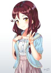 Rule 34 | 1girl, blush, braid, collarbone, dated, flower, frilled shirt collar, frilled sleeves, frills, gradient background, hair flower, hair ornament, hair over shoulder, hand on own chest, jacket, long hair, looking at viewer, love live!, love live! school idol festival, love live! sunshine!!, red eyes, sakurauchi riko, short sleeves, skirt, smile, solo, syuurin, twin braids, twitter username, w, yellow eyes