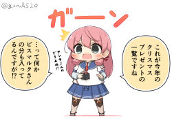 Rule 34 | 1girl, akashi (kancolle), blue skirt, blunt tresses, chibi, commentary request, full body, goma (yoku yatta hou jane), green eyes, hair ribbon, kantai collection, long hair, long sleeves, necktie, open mouth, pink hair, pleated skirt, red necktie, ribbon, school uniform, serafuku, simple background, skirt, solo, standing, thighhighs, translation request, tress ribbon, twitter username, wallet, wavy mouth, white background