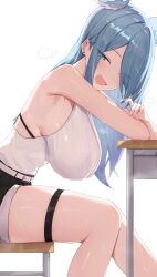 Rule 34 | 1girl, absurdres, armpits, bare shoulders, blue eyes, blue hair, bra, bra visible through clothes, breasts, chair, desk, ear piercing, elira pendora, from side, hair over one eye, hanging breasts, head wings, highres, large breasts, long hair, looking at viewer, mole, mole on armpit, nijisanji, nijisanji en, open mouth, piercing, ruru (ruru nnnn), shirt, shorts, simple background, sitting, sleeveless, sleeveless shirt, smile, solo, sweat, thigh strap, thighs, underwear, virtual youtuber, white background, wings