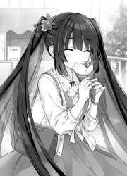 Rule 34 | 1girl, character request, copyright request, eating, greyscale, highres, monochrome, multicolored hair, ou-sama no propose, tsunako, twintails, twintails day
