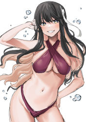 Rule 34 | 1girl, akagi kurage, bikini, black hair, breasts, bubble, cleavage, criss-cross halter, grin, hair between eyes, halterneck, hand on own hip, highres, kantai collection, large breasts, long hair, multicolored hair, naganami (kancolle), pink hair, red bikini, sidelocks, simple background, sketch, smile, solo, swimsuit, two-tone background, wavy mouth, white background